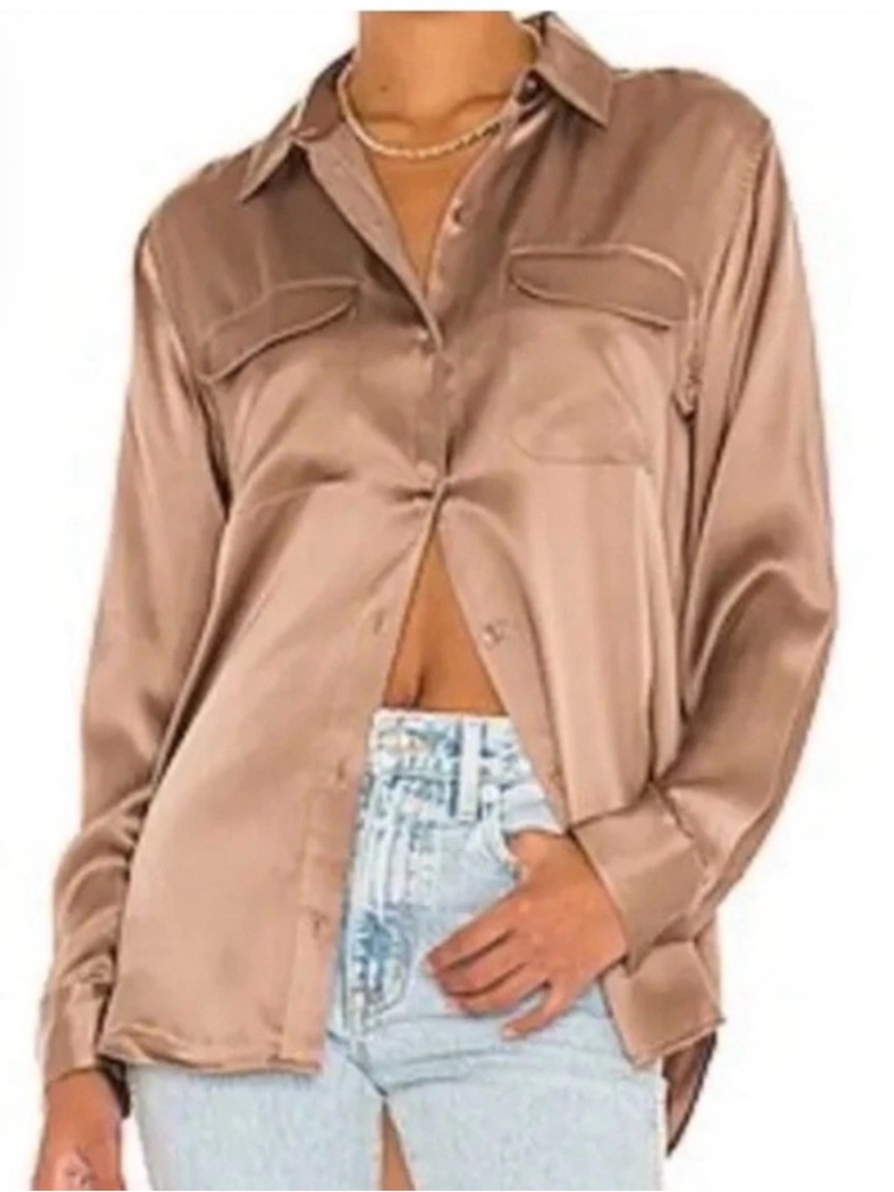 Equipment Satin Button-Down Shirt in Caramel Bronze Signature Pocket, Medium